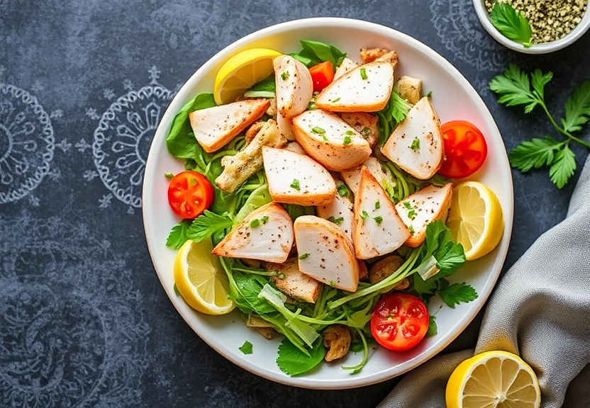 Representação visual de Salada de Frango Grelhado com Molho de Coentro e Limão: Uma Delícia Refrescante
